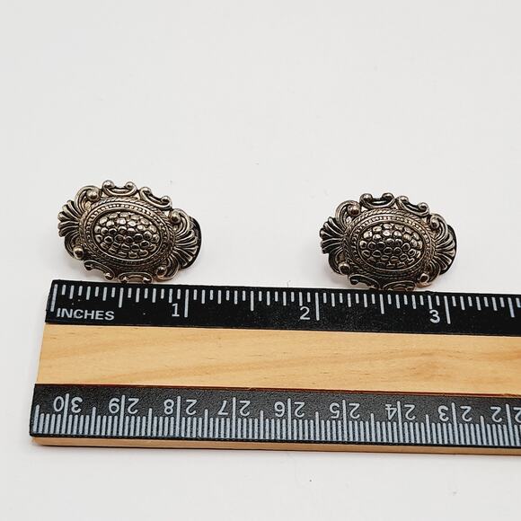 Vintage Ornate Silver Tone Clip On Earrings, 1 1/8 Inch - Picture 9 of 10